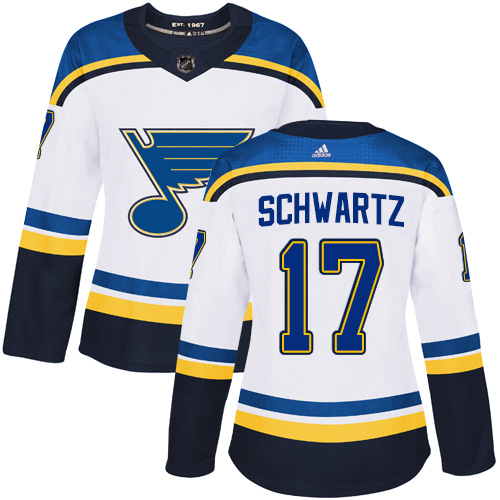 Adidas Blues #17 Jaden Schwartz White Road Authentic Women's Stitched NHL Jersey