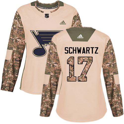 Adidas Blues #17 Jaden Schwartz Camo Authentic 2017 Veterans Day Women's Stitched NHL Jersey