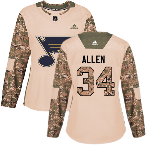 Adidas Blues #34 Jake Allen Camo Authentic 2017 Veterans Day Women's Stitched NHL Jersey