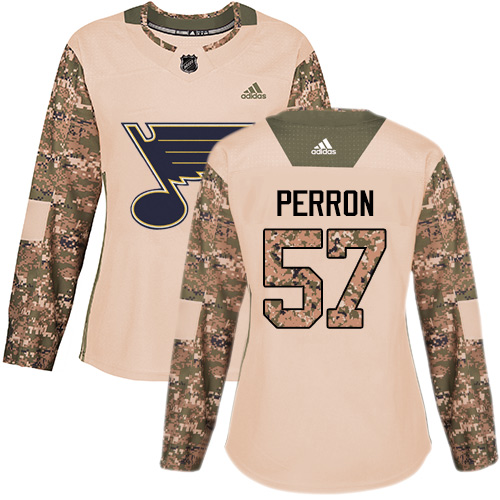 Adidas Blues #57 David Perron Camo Authentic 2017 Veterans Day Women's Stitched NHL Jersey