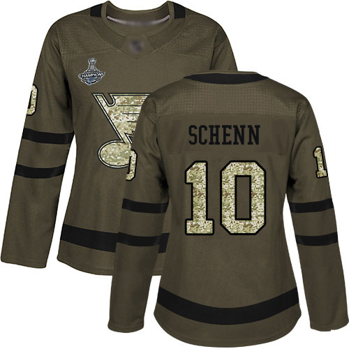 Blues #10 Brayden Schenn Green Salute to Service Stanley Cup Final Bound Women's Stitched Hockey Jersey - Click Image to Close