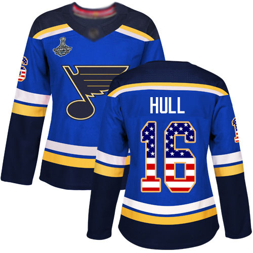 Blues #16 Brett Hull Blue Home Authentic USA Flag Stanley Cup Final Bound Women's Stitched Hockey Jersey - Click Image to Close