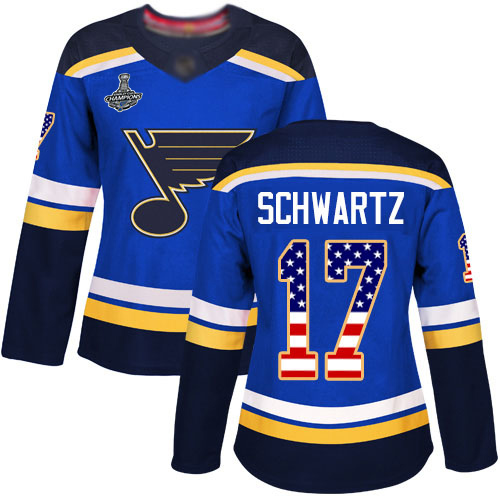 Blues #17 Jaden Schwartz Blue Home Authentic USA Flag Stanley Cup Final Bound Women's Stitched Hockey Jersey