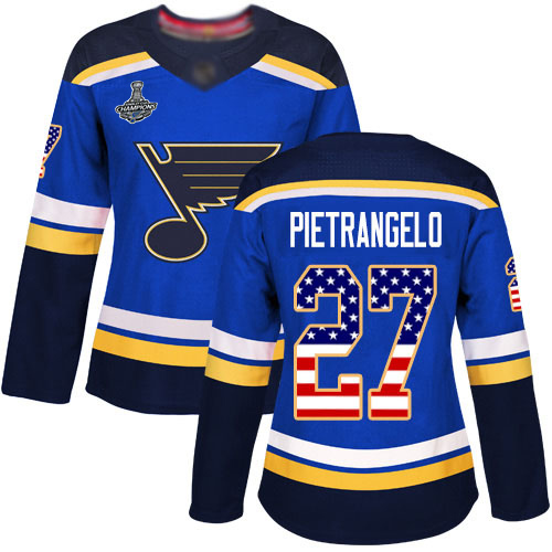 Blues #27 Alex Pietrangelo Blue Home Authentic USA Flag Stanley Cup Final Bound Women's Stitched Hockey Jersey