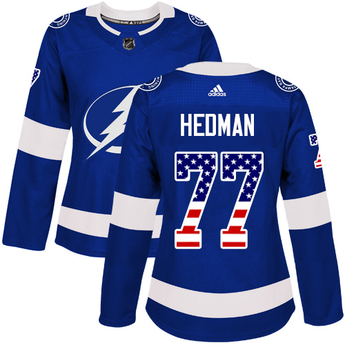 Adidas Lightning #77 Victor Hedman Blue Home Authentic USA Flag Women's Stitched NHL Jersey - Click Image to Close