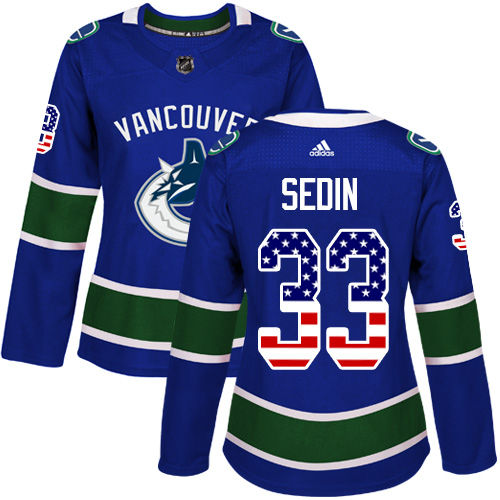 Adidas Canucks #33 Henrik Sedin Blue Home Authentic USA Flag Women's Stitched NHL Jersey - Click Image to Close