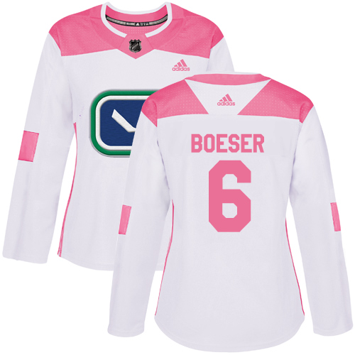 Adidas Canucks #6 Brock Boeser White/Pink Authentic Fashion Women's Stitched NHL Jersey - Click Image to Close