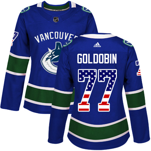 Adidas Canucks #77 Nikolay Goldobin Blue Home Authentic USA Flag Women's Stitched NHL Jersey - Click Image to Close