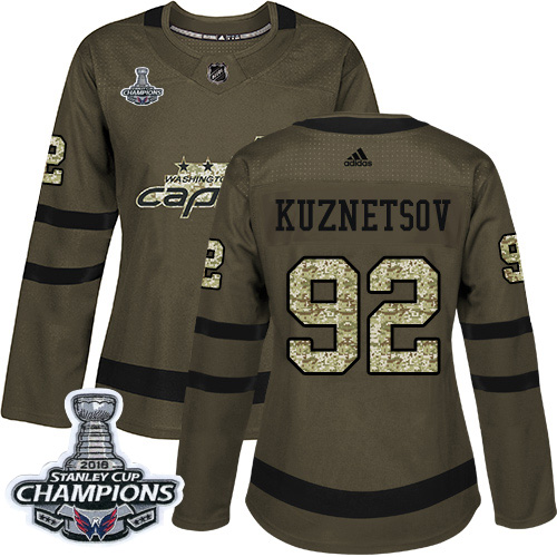 Adidas Capitals #92 Evgeny Kuznetsov Green Salute to Service Stanley Cup Final Champions Women's Stitched NHL Jersey - Click Image to Close