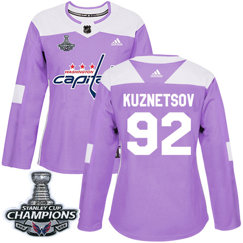 Adidas Capitals #92 Evgeny Kuznetsov Purple Authentic Fights Cancer Stanley Cup Final Champions Women's Stitched NHL Jersey - Click Image to Close