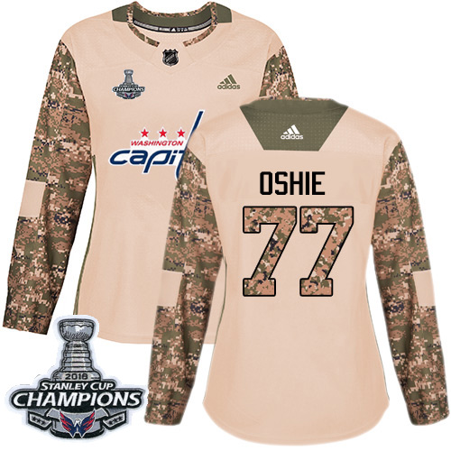 Adidas Capitals #77 T.J. Oshie Camo Authentic 2017 Veterans Day Stanley Cup Final Champions Women's Stitched NHL Jersey