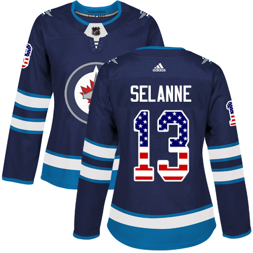 Adidas Jets #13 Teemu Selanne Navy Blue Home Authentic USA Flag Women's Stitched NHL Jersey - Click Image to Close