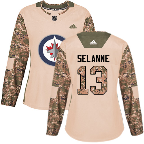 Adidas Jets #13 Teemu Selanne Camo Authentic 2017 Veterans Day Women's Stitched NHL Jersey