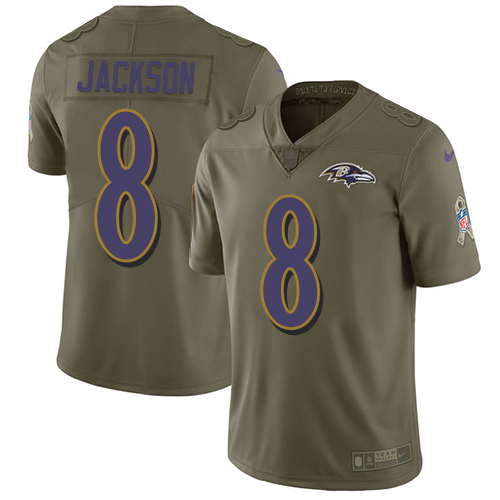 Nike Ravens #8 Lamar Jackson Olive Youth Stitched NFL Limited 2017 Salute to Service Jersey - Click Image to Close