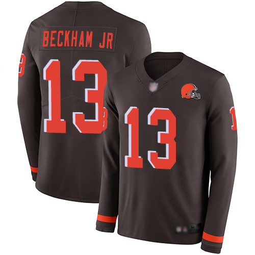 Browns #13 Odell Beckham Jr Brown Team Color Youth Stitched Football Limited Therma Long Sleeve Jersey