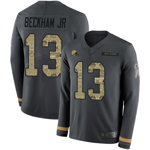 Browns #13 Odell Beckham Jr Anthracite Salute to Service Youth Stitched Football Limited Therma Long Sleeve Jersey