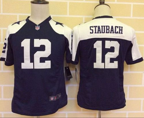 Nike Cowboys #12 Roger Staubach Navy Blue Thanksgiving Youth Throwback Stitched NFL Elite Jersey - Click Image to Close