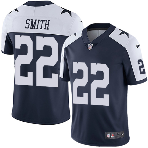 Nike Cowboys #22 Emmitt Smith Navy Blue Thanksgiving Youth Stitched NFL Vapor Untouchable Limited Throwback Jersey - Click Image to Close