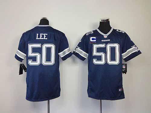 Nike Cowboys #50 Sean Lee Navy Blue Team Color With C Patch Youth Stitched NFL Elite Jersey