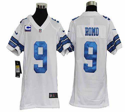 Nike Cowboys #9 Tony Romo White With C Patch Youth Stitched NFL Elite Jersey - Click Image to Close