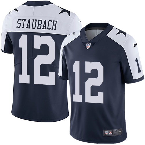 Nike Cowboys #12 Roger Staubach Navy Blue Thanksgiving Youth Stitched NFL Vapor Untouchable Limited Throwback Jersey - Click Image to Close