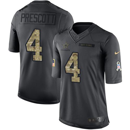 Nike Cowboys #4 Dak Prescott Black Youth Stitched NFL Limited 2016 Salute to Service Jersey - Click Image to Close