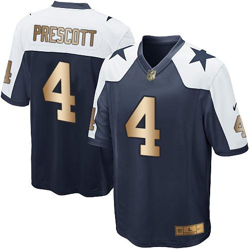 Nike Cowboys #4 Dak Prescott Navy Blue Thanksgiving Throwback Youth Stitched NFL Elite Gold Jersey - Click Image to Close