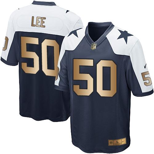 Nike Cowboys #50 Sean Lee Navy Blue Thanksgiving Throwback Youth Stitched NFL Elite Gold Jersey - Click Image to Close