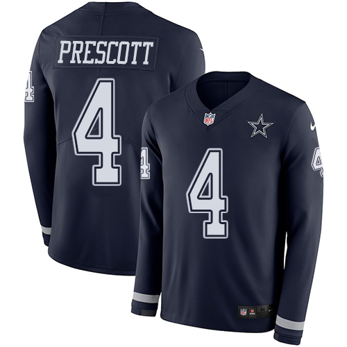 Nike Cowboys #4 Dak Prescott Navy Blue Team Color Youth Stitched NFL Limited Therma Long Sleeve Jersey - Click Image to Close