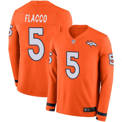 Broncos #5 Joe Flacco Orange Team Color Youth Stitched Football Limited Therma Long Sleeve Jersey