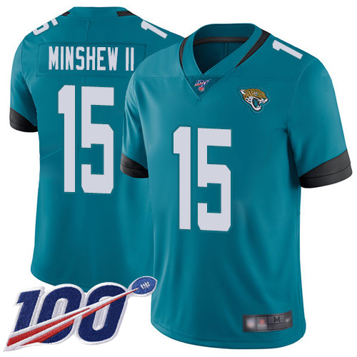 Jaguars #15 Gardner Minshew II Teal Green Alternate Youth Stitched Football 100th Season Vapor Limited Jersey - Click Image to Close