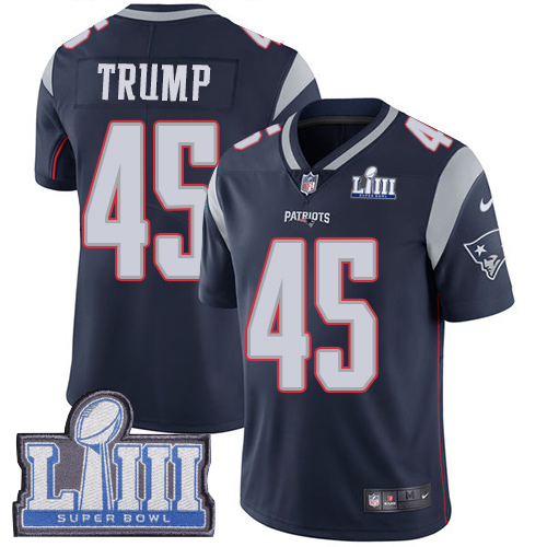 Nike Patriots #45 Donald Trump Navy Blue Team Color Super Bowl LIII Bound Youth Stitched NFL Vapor Untouchable Limited Jersey