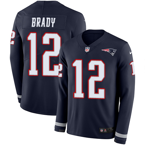 Nike Patriots #12 Tom Brady Navy Blue Team Color Youth Stitched NFL Limited Therma Long Sleeve Jersey - Click Image to Close