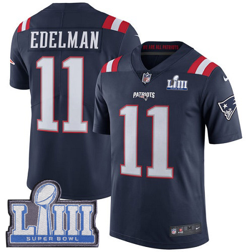 Nike Patriots #11 Julian Edelman Navy Blue Super Bowl LIII Bound Youth Stitched NFL Limited Rush Jersey - Click Image to Close