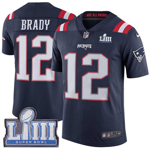 Nike Patriots #12 Tom Brady Navy Blue Super Bowl LIII Bound Youth Stitched NFL Limited Rush Jersey - Click Image to Close