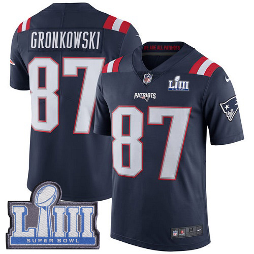 Nike Patriots #87 Rob Gronkowski Navy Blue Super Bowl LIII Bound Youth Stitched NFL Limited Rush Jersey - Click Image to Close