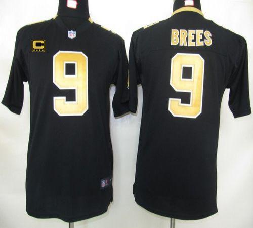 Nike Saints #9 Drew Brees Black Team Color With C Patch Youth Stitched NFL Elite Jersey