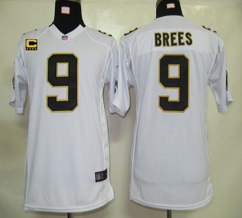 Nike Saints #9 Drew Brees White With C Patch Youth Stitched NFL Elite Jersey