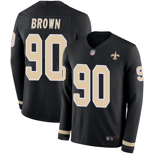 Saints #90 Malcom Brown Black Team Color Youth Stitched Football Limited Therma Long Sleeve Jersey