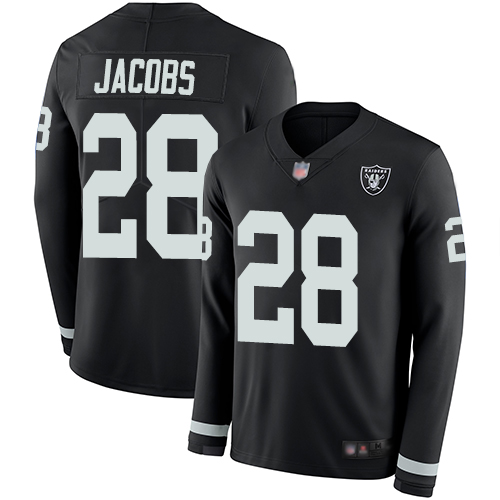 Raiders #28 Josh Jacobs Black Team Color Youth Stitched Football Limited Therma Long Sleeve Jersey - Click Image to Close