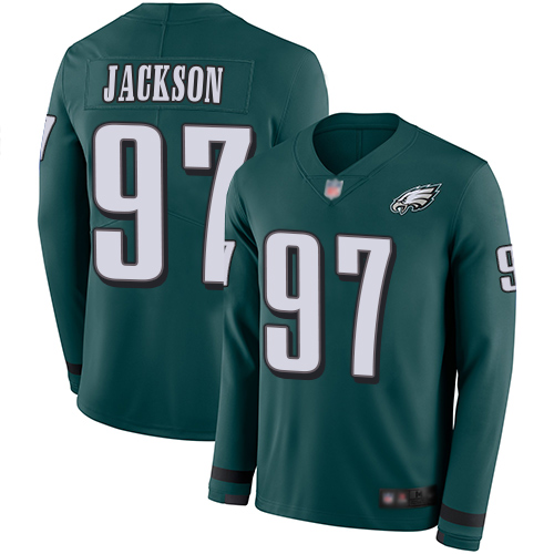 Eagles #97 Malik Jackson Midnight Green Team Color Youth Stitched Football Limited Therma Long Sleeve Jersey