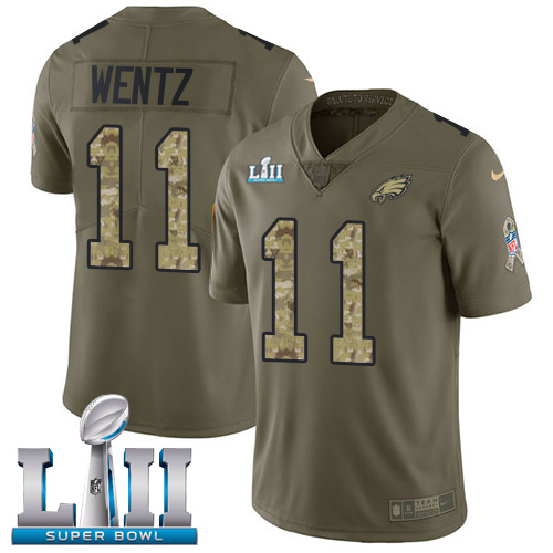 Nike Eagles #11 Carson Wentz Olive/Camo Super Bowl LII Youth Stitched NFL Limited 2017 Salute to Service Jersey - Click Image to Close