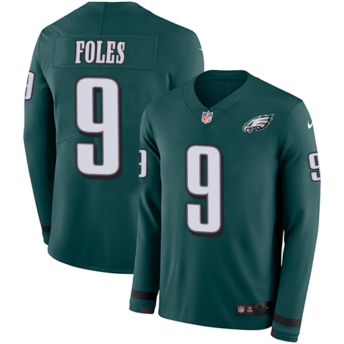 Nike Eagles #9 Nick Foles Midnight Green Team Color Youth Stitched NFL Limited Therma Long Sleeve Jersey - Click Image to Close