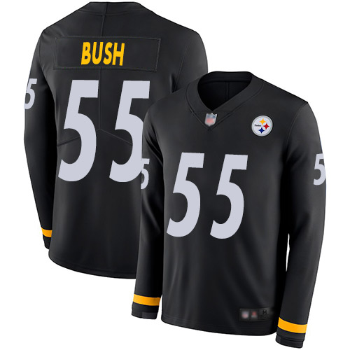 Steelers #55 Devin Bush Black Team Color Youth Stitched Football Limited Therma Long Sleeve Jersey