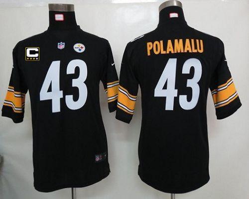 Nike Steelers #43 Troy Polamalu Black Team Color With C Patch Youth Stitched NFL Elite Jersey - Click Image to Close