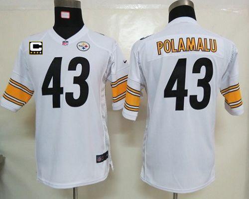 Nike Steelers #43 Troy Polamalu White With C Patch Youth Stitched NFL Elite Jersey - Click Image to Close