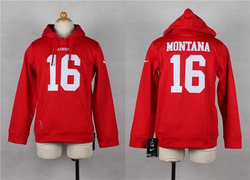 Nike 49ers #16 Joe Montana Red Youth Pullover NFL Hoodie