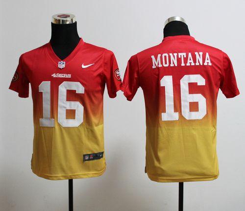 Nike 49ers #16 Joe Montana Red/Gold Youth Stitched NFL Elite Fadeaway Fashion Jersey