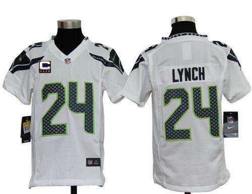 Nike Seahawks #24 Marshawn Lynch White With C Patch Youth Stitched NFL Elite Jersey