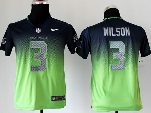 Nike Seahawks #3 Russell Wilson Steel Blue/Green Youth Stitched NFL Elite Fadeaway Fashion Jersey